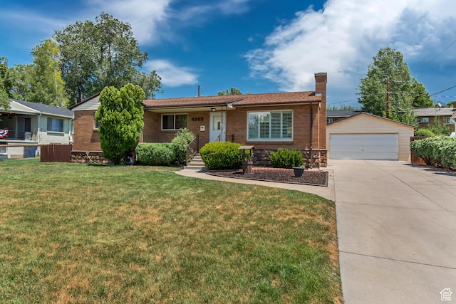 4269 S Vegas Way E, Holladay, UT 84124 - single story home with a garage, a front yard, an outbuilding, a chimney, and brick siding