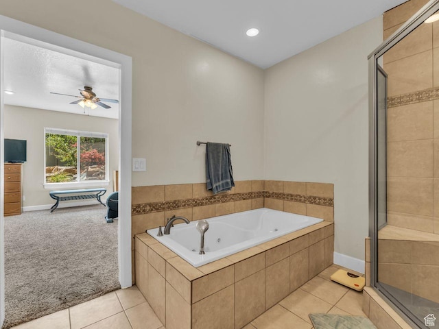 8503 S Spiral Jetty Cir W Unit 2083, West Jordan, UT 84081 - full bathroom featuring a jetted tub, a stall shower, a ceiling fan, tile patterned floors, and recessed lighting