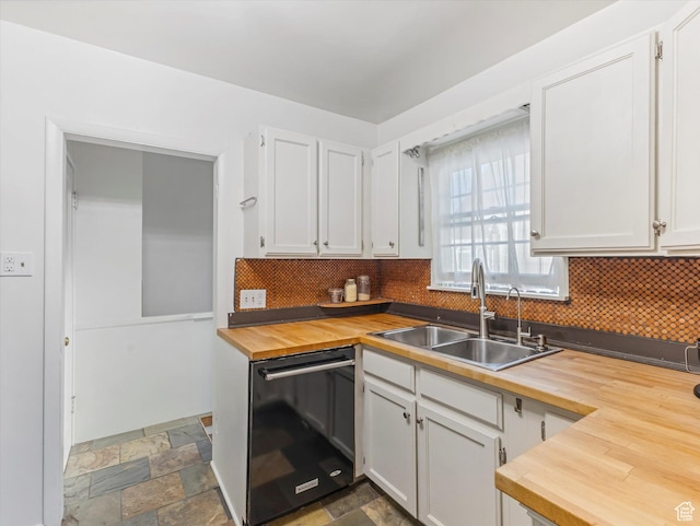 467 E 7th Ave N, Salt Lake City, UT 84103 - kitchen featuring butcher block counters, dishwasher, backsplash, white cabinetry, and dark stone finish flooring