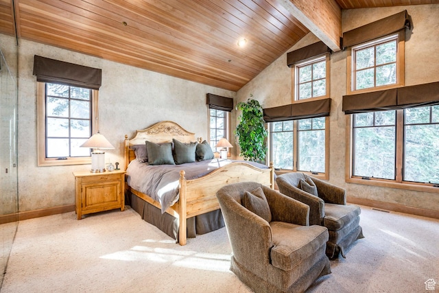 8200 Royal St Unit 43, Park City, UT 84060 - bedroom featuring a wooden ceiling with exposed beams, high vaulted ceiling, and light carpet