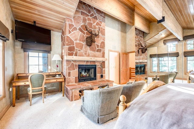 8200 Royal St Unit 43, Park City, UT 84060 - living room featuring a stone fireplace, healthy amount of natural light, a wood ceiling with exposed beams, high vaulted ceiling, and a desk