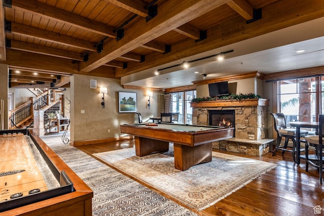 8200 Royal St Unit 43, Park City, UT 84060 - playroom with hardwood / wood-style flooring, a wooden ceiling with exposed beams, a fireplace, and billiards