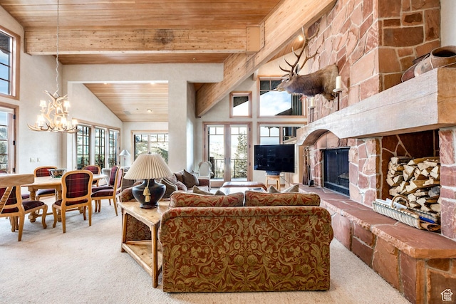 8200 Royal St Unit 43, Park City, UT 84060 - carpeted living area featuring wooden ceiling, a fireplace, and a chandelier