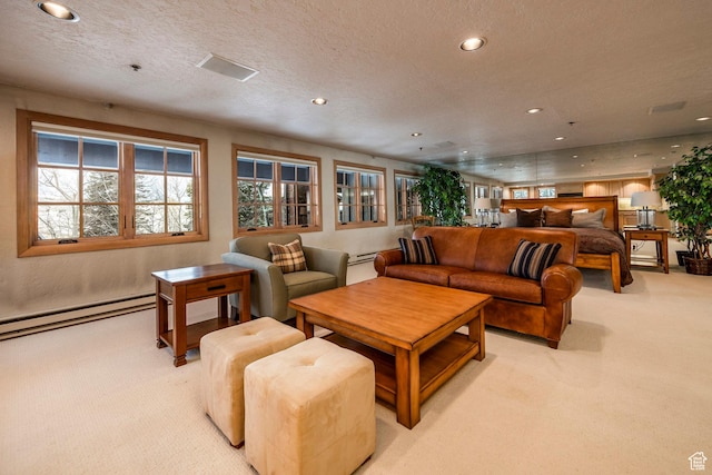 8200 Royal St Unit 43, Park City, UT 84060 - living room with light carpet, a baseboard radiator, recessed lighting, and a textured ceiling