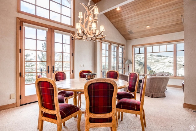 8200 Royal St Unit 43, Park City, UT 84060 - carpeted dining room featuring french doors, wood ceiling, high vaulted ceiling, and a chandelier