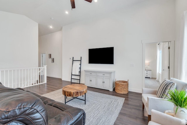 7194 N Clear Meadow Way, Eagle Mountain, UT 84005 - living area with a ceiling fan, dark wood-style flooring, high vaulted ceiling, and recessed lighting