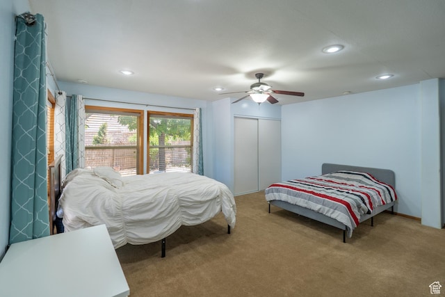 975 S 400 E, Moab, UT 84532 - bedroom featuring carpet, a closet, recessed lighting, and a ceiling fan
