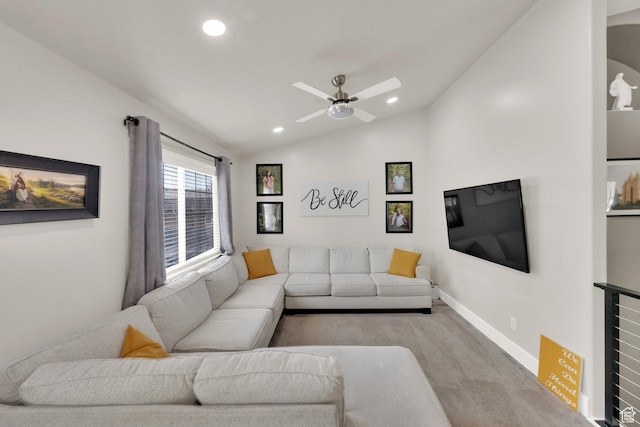 1569 Troon Cir, Syracuse, UT 84075 - living room featuring vaulted ceiling, recessed lighting, carpet floors, and ceiling fan