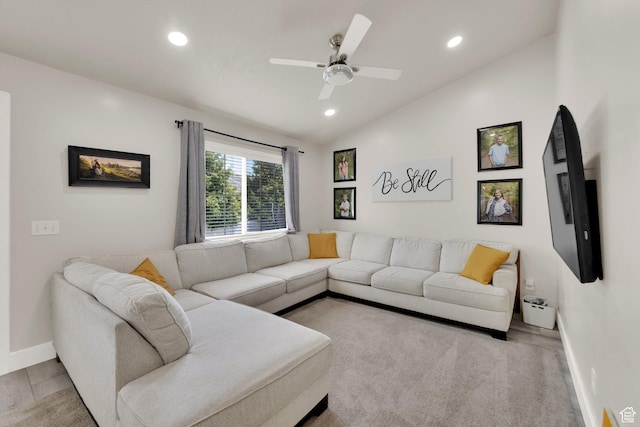 1569 Troon Cir, Syracuse, UT 84075 - living room with lofted ceiling, recessed lighting, and a ceiling fan