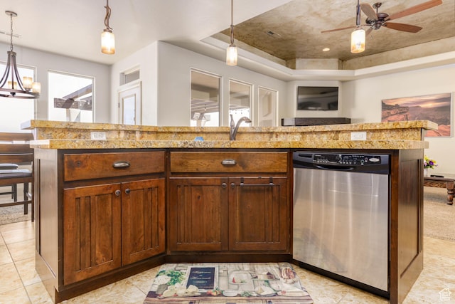 4352 W 2440 S, Hurricane, UT 84737 - kitchen featuring dishwasher, a tray ceiling, decorative light fixtures, and ceiling fan