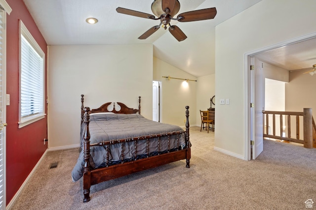 610 S Maple Dr, Woodland Hills, UT 84653 - bedroom featuring light colored carpet, vaulted ceiling, and ceiling fan