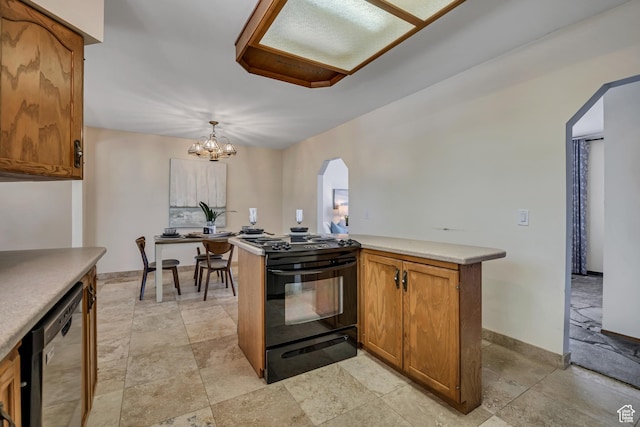 6292 S Mount Vista Dr, Taylorsville, UT 84129 - kitchen with electric range, dishwasher, arched walkways, brown cabinetry, and a chandelier
