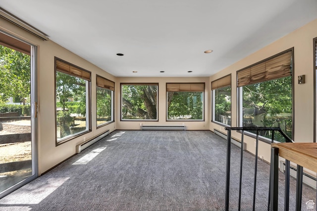6292 S Mount Vista Dr, Taylorsville, UT 84129 - unfurnished sunroom featuring baseboard heating, carpet, a baseboard heating unit, and recessed lighting
