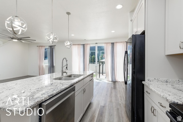 5241 S 1250 W, Riverdale, UT 84405 - kitchen featuring black appliances, white cabinets, a ceiling fan, light wood-type flooring, and recessed lighting