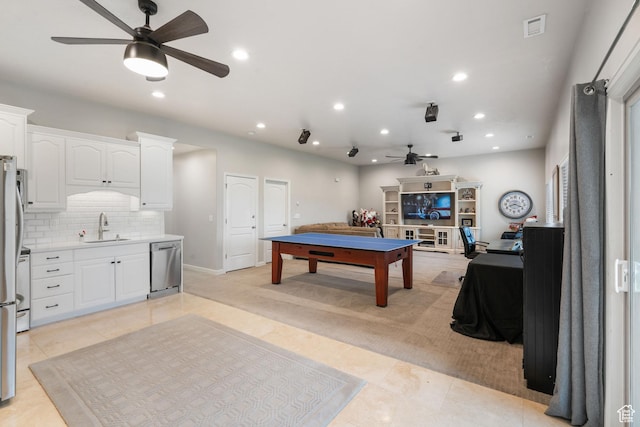 311 E Edgemont Dr S, North Salt Lake, UT 84054 - playroom featuring a ceiling fan, recessed lighting, light tile patterned floors, and billiards table