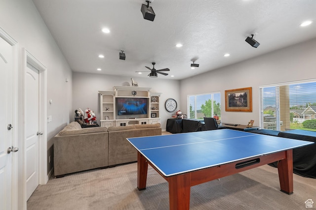 311 E Edgemont Dr S, North Salt Lake, UT 84054 - recreation room with recessed lighting, a ceiling fan, and light carpet