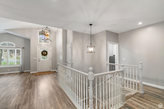 311 E Edgemont Dr S, North Salt Lake, UT 84054 - foyer entrance with a chandelier, wood finished floors, recessed lighting, and vaulted ceiling