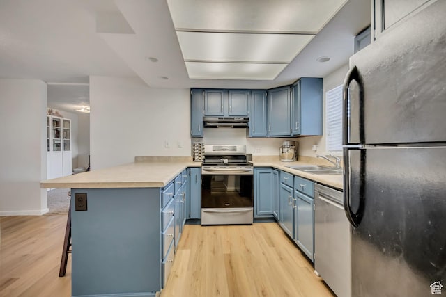 1517 S 700 W, Woods Cross, UT 84087 - kitchen with appliances with stainless steel finishes, ventilation hood, blue cabinetry, and a peninsula