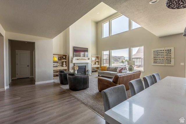 69 W 2200 S, Kaysville, UT 84037 - living room featuring a textured ceiling, wood finished floors, a glass covered fireplace, and high vaulted ceiling
