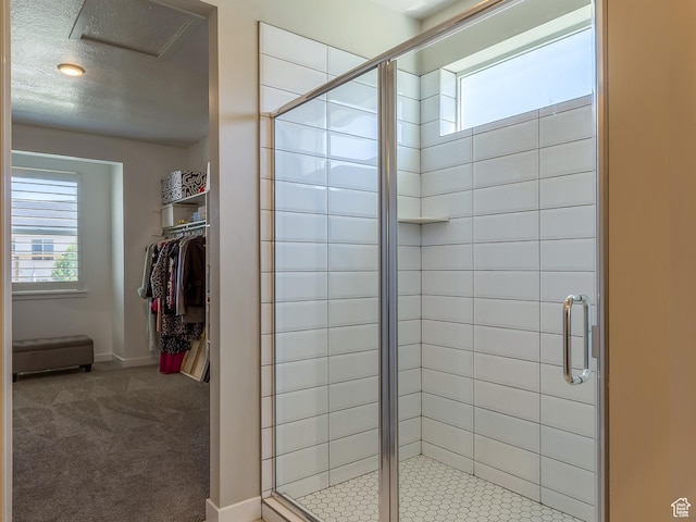 69 W 2200 S, Kaysville, UT 84037 - bathroom featuring a shower stall, a walk in closet, and a textured ceiling