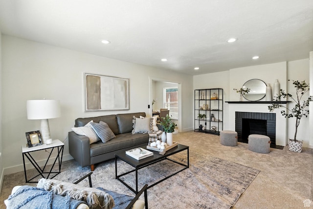 291 S 700 E, Spanish Fork, UT 84660 - carpeted living area featuring recessed lighting and a brick fireplace