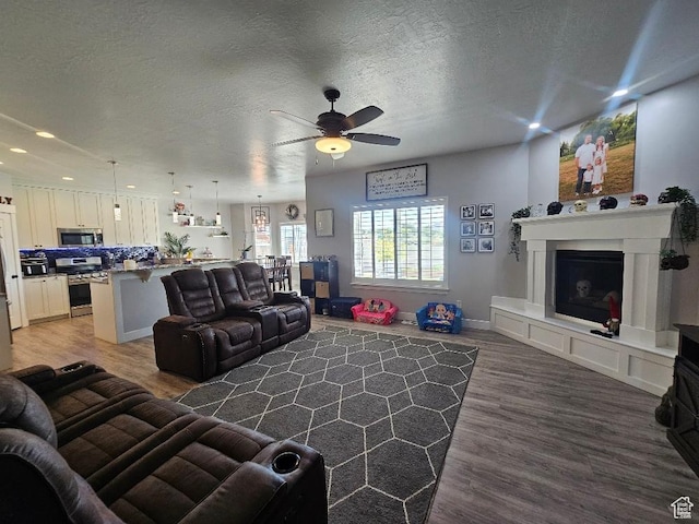 826 S 300 W, Vernal, UT 84078 - living room with ceiling fan, wood finished floors, a textured ceiling, recessed lighting, and a fireplace with raised hearth