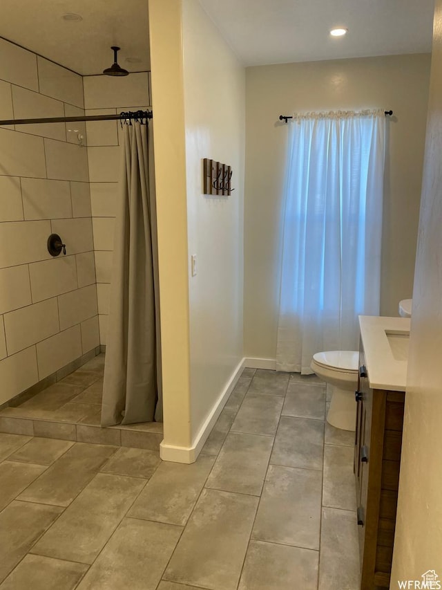 1375 N State St, Sigurd, UT 84657 - full bathroom with a tile shower, vanity, tile patterned flooring, and recessed lighting