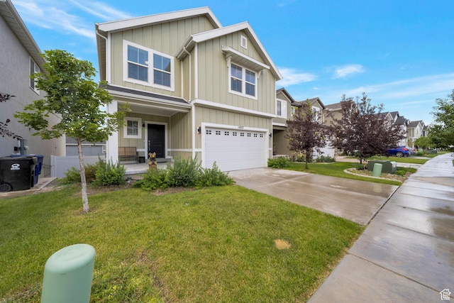 14837 S Messi St, Herriman, UT 84096 - view of front of home featuring board and batten siding, concrete driveway, a garage, and a porch