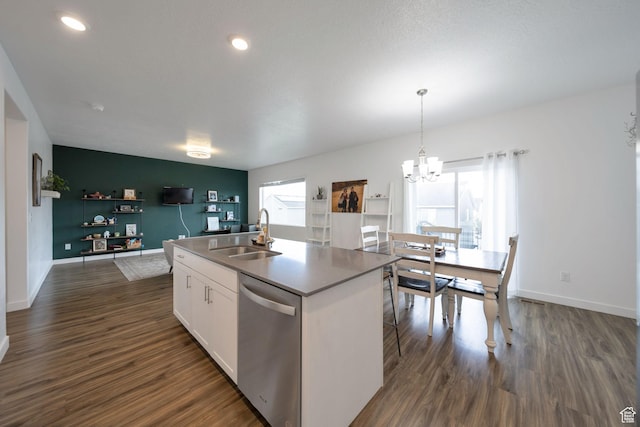14837 S Messi St, Herriman, UT 84096 - kitchen featuring dishwasher, white cabinets, a chandelier, dark wood finished floors, and an island with sink