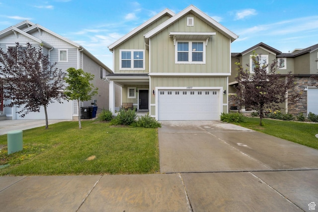 14837 S Messi St, Herriman, UT 84096 - view of front facade featuring board and batten siding, driveway, a garage, and a front lawn