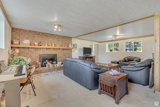 4918 E 2800 N, Eden, UT 84310 - carpeted living area with a fireplace, a textured ceiling, and brick wall