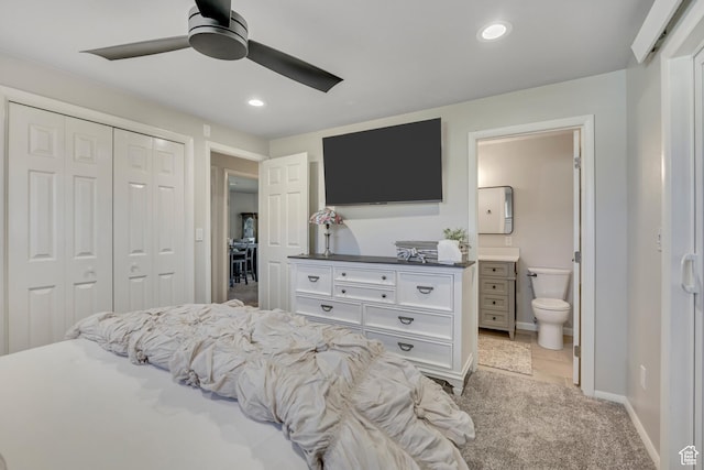 4918 E 2800 N, Eden, UT 84310 - bedroom featuring a closet, connected bathroom, recessed lighting, ceiling fan, and carpet flooring