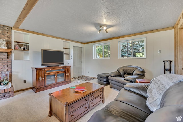 4918 E 2800 N, Eden, UT 84310 - living area featuring a textured ceiling, built in features, and light colored carpet