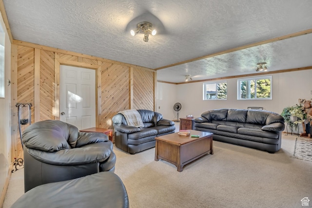 4918 E 2800 N, Eden, UT 84310 - living area with a textured ceiling, carpet flooring, wooden walls, and ornamental molding