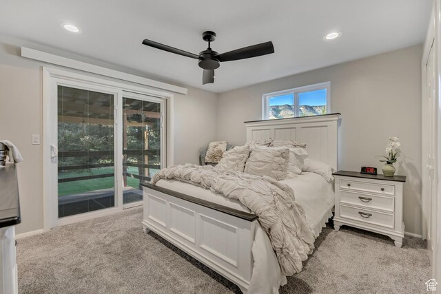 4918 E 2800 N, Eden, UT 84310 - bedroom with access to outside, light carpet, ceiling fan, and recessed lighting