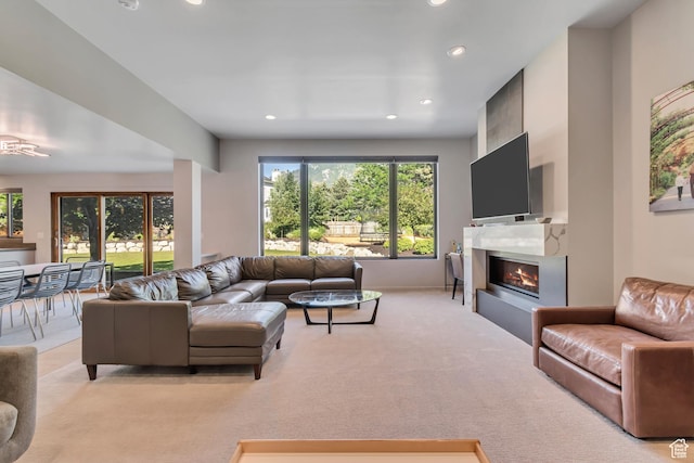 22 S Sunwood Ln, Sandy, UT 84092 - living area featuring recessed lighting, light colored carpet, and a glass covered fireplace