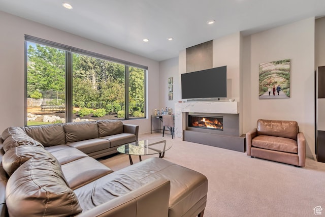 22 S Sunwood Ln, Sandy, UT 84092 - living room with carpet floors, recessed lighting, and a tiled fireplace