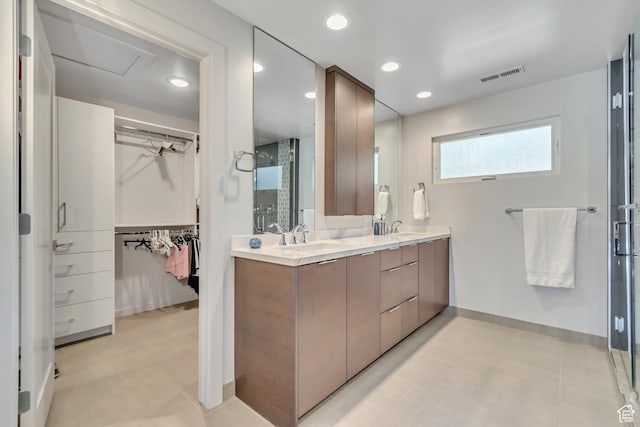 22 S Sunwood Ln, Sandy, UT 84092 - full bathroom with a spacious closet, a shower stall, double vanity, and recessed lighting