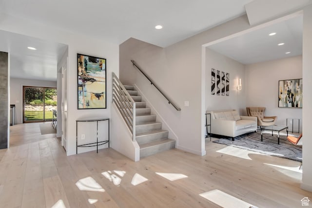 22 S Sunwood Ln, Sandy, UT 84092 - staircase featuring hardwood / wood-style flooring and recessed lighting