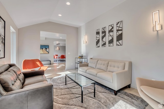 22 S Sunwood Ln, Sandy, UT 84092 - living room featuring lofted ceiling and recessed lighting