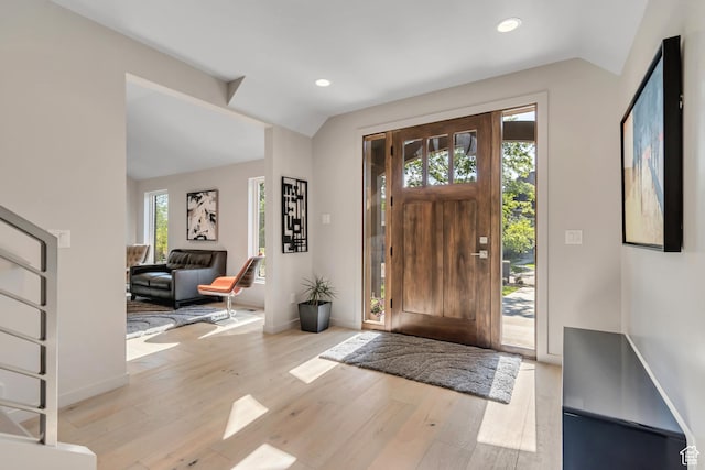 22 S Sunwood Ln, Sandy, UT 84092 - foyer entrance featuring vaulted ceiling, wood finished floors, and recessed lighting