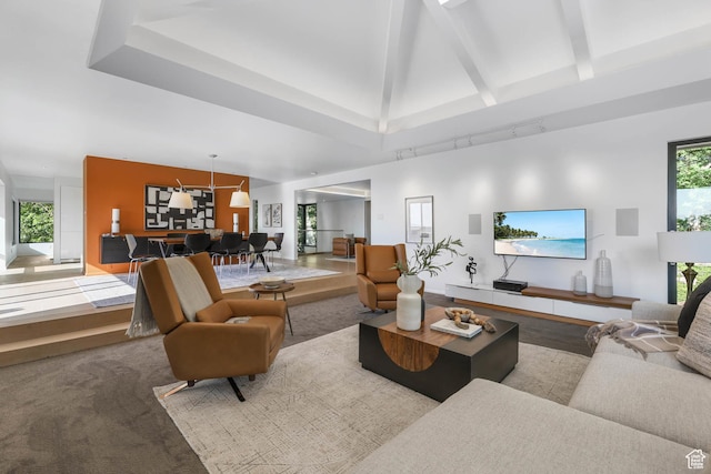 4352 S Zarahemla Dr, Salt Lake City, UT 84124 - living area featuring track lighting, beam ceiling, and a towering ceiling