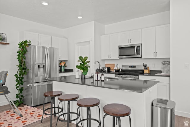 1017 S Red Cliff Dr, Santaquin, UT 84655 - kitchen featuring stainless steel appliances, dark countertops, wood finished floors, a breakfast bar area, and an island with sink