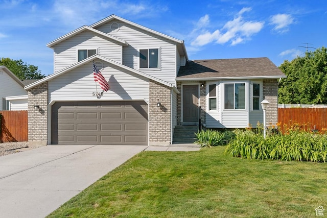 5745 W Hunter Hollow Dr S, Salt Lake City, UT 84128 - split level home with brick siding, an attached garage, driveway, a shingled roof, and entry steps