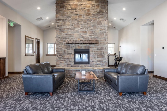 13602 N Hillclimb Ln, Kamas, UT 84036 - living room featuring recessed lighting, high vaulted ceiling, and a stone fireplace