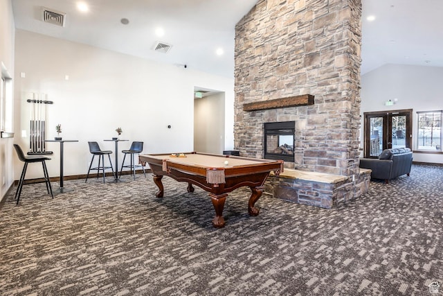 13602 N Hillclimb Ln, Kamas, UT 84036 - rec room with carpet floors, high vaulted ceiling, billiards, and a stone fireplace