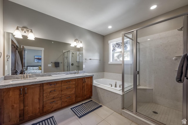 13602 N Hillclimb Ln, Kamas, UT 84036 - ensuite bathroom featuring a bath, a shower stall, double vanity, tile patterned floors, and recessed lighting