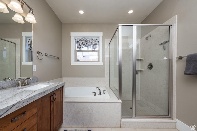 13602 N Hillclimb Ln, Kamas, UT 84036 - full bathroom featuring vanity, a bath, a shower stall, and recessed lighting