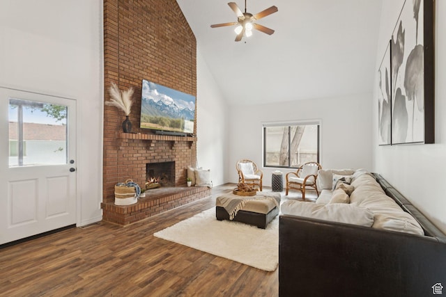 2255 E Camino Way Way S, Cottonwood Heights, UT 84121 - living area featuring high vaulted ceiling, a ceiling fan, a fireplace, healthy amount of natural light, and wood finished floors