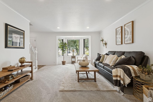 2255 E Camino Way Way S, Cottonwood Heights, UT 84121 - living area featuring stairs, ornamental molding, carpet flooring, and recessed lighting